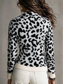 SHEIN LUNE Women's Autumn/Winter Leopard Print Long Sleeve Zip Front Knit Cardigan - Black and White - View 3
