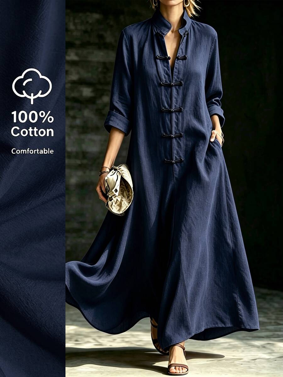 Linhara CURVE Women's Plus Size Autumn/Winter Navy Blue Stand Collar Frog Button Pure Cotton Long Dress - Navy Blue - View 1