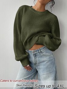 SHEIN BASICS 大尺碼女款純色圓領長袖休閒針織衫 - 軍綠色 - 查看 5