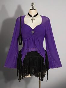 SHEIN ICON 女款大尺碼網紗心形領不對稱下擺時尚上衣 - 紫色 - 查看 1