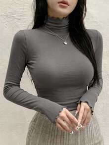 DAZY 女款高領純色長袖修身百搭極簡風T恤 - 灰色 - 查看 1