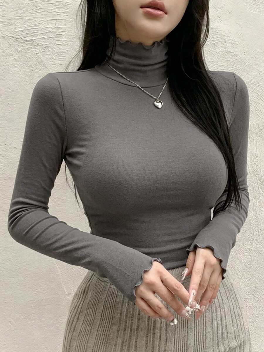 DAZY 女款高領純色長袖修身百搭極簡風T恤 - 灰色 - 查看 1