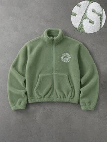 ROMWE MEN Street Life Men's Letter Pattern Green Long Sleeve Jacket With Pockets, Versatile For Autumn/Winter - Green - View 5