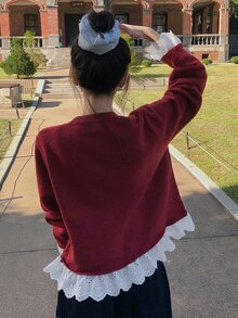 DAZY Patchwork Contrast Color Lace Trim Loose Long Sleeve Red Pullover Knit Sweater Casual Vacation Korean Style Daily Autumn/Winter Women's Sweater - Red - View 3