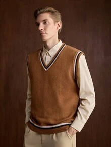 Manfinity CityGents Men's Striped V-Neck Casual Versatile Knit Vest - Brown - View 3