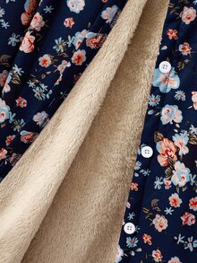 SHEIN 女童連帽加厚抓絨復古碎花中長版秋冬外套 - 藏蓝色 - 查看 4