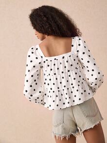 Muvela Áo blouse nữ tay dài họa tiết chấm bi, gấu bèo nhún, phong cách Pháp thanh lịch dễ thương, sang trọng lịch sự, phù hợp đi làm công sở, mùa Thu/Đông, Giáng sinh, tựu trường, đi brunch - Nhiều màu - Xem 2