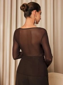 MaterniChic Maternity Solid Color Cowl Neck Contrast Mesh Long Sleeve T-Shirt - Brown - View 3