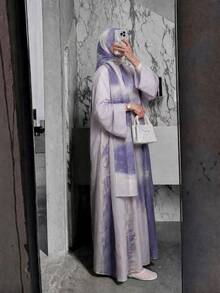 Yasveil Women's Printed Casual Elegant Loose Long Robe With Headscarf - Dusty Purple - View 4