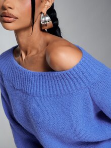 Denimoi Women's Autumn/Winter Solid Color Asymmetrical Shoulder Straight Neckline Loose Oversized Chunky Knit Long Sleeve Sweater - Blue - View 6