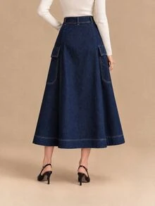 CielaLinda Women's Bow Button A-Line Denim Skirt, Flared Denim Midi Skirt, High-Waisted Jean Skirt - Blue - View 2