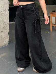 Dazy Plus Casual Washed Side Tie-Up Wide Leg Jeans For Girls, Long Pants, Spring/Autumn - Black - View 4