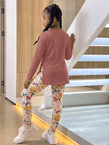 青少年女孩寬鬆長袖上衣與側開衩緊身褲 2 件套 - 白色 - 查看 2