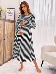 Slowluna 女款條紋拼接百褶哺乳休閒日常洋裝內衣套裝內褲睡衣睡裙家居服睡袍長袖 - 黑與白 - 查看 10