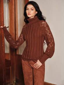 Anewsta Women's Knitted High Neck Turn Collar Petal Sleeve Pullover Sweater - Khaki - View 6