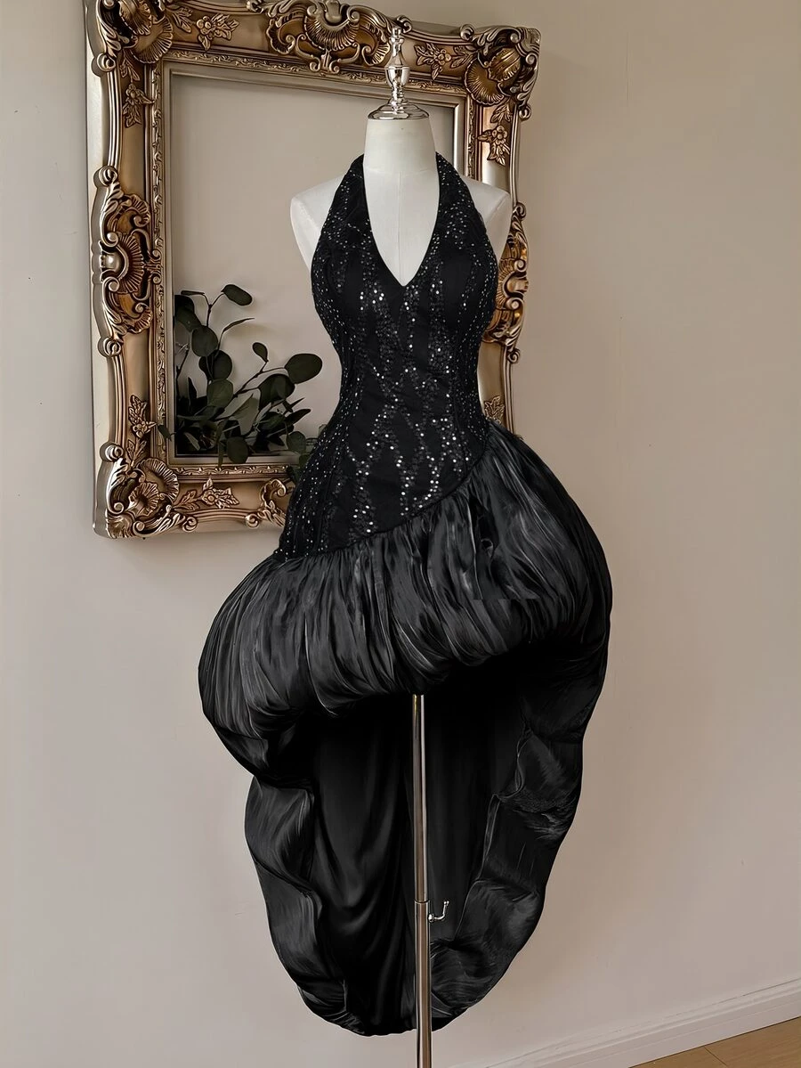 Lovelzi Women's Halter Neck Backless V-Neck Sleeveless Evening Dress With Asymmetrical Sexy Design, Suitable For Beach, Vacation, Wedding, Party, Graduation Party, Gift, Holiday, Date - Black - View 1