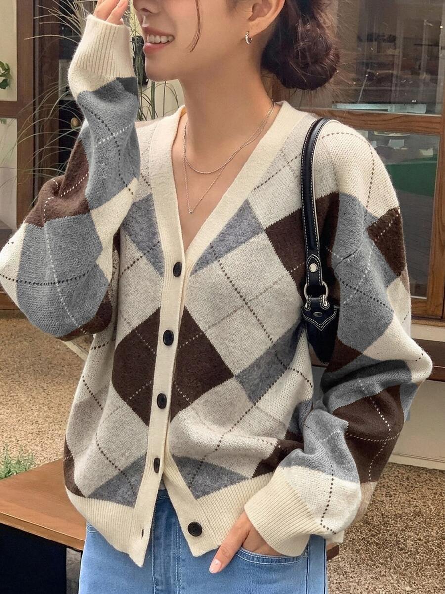 DAZY 女款配色格紋針織開襟外套 休閒優雅學院風復古街頭都市風 - 杏色 - 查看 1