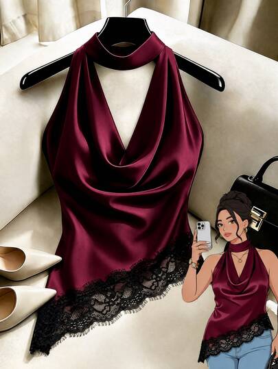 GlowEve CURVE Summer Romantic Elegant Lace Trim Draped Neckline, Backless Cinched Waist Asymmetrical Hem Women's Tank Top