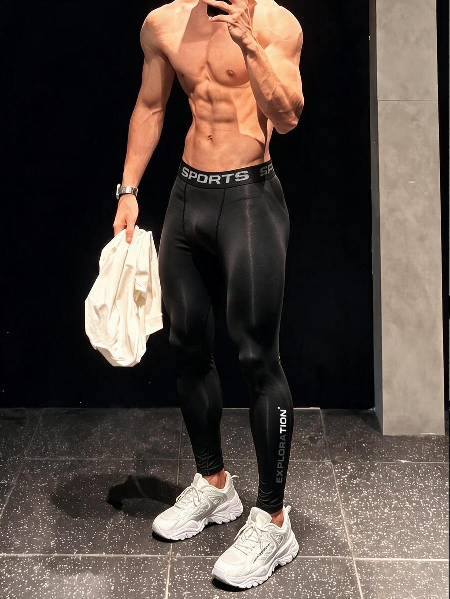 Gym Rark Men's Letter Waistband Daily Fitness Sports Tight Leggings - Black - View 1