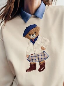 Briarwyn Women's Winter Solid Color Bear 3D Embroidery Crew Neck Thermal Lined Pullover Sweatshirt - White - View 2