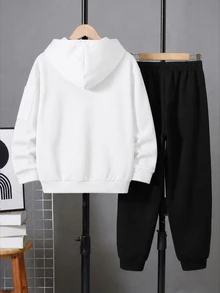 SHEIN 2件組兒童青少年男孩白色連帽衛衣與黑色長褲休閒運動寬鬆兩件套，適合戶外運動、學校、通勤，適用於秋冬季 - 黑與白 - 查看 4