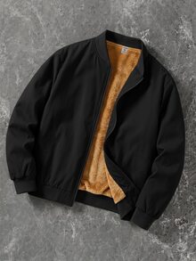 SHEIN 兒童青少年男孩抓絨內裡超高CP值拉鍊棒球夾克，百搭通勤上學日常休閒大學旅行運動，秋冬款 - 黑色 - 查看 1