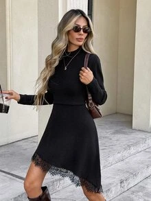 Serisse Women's Solid Color Long Sleeve Contrast Lace Asymmetric Hem Knit Dress - Black - View 6