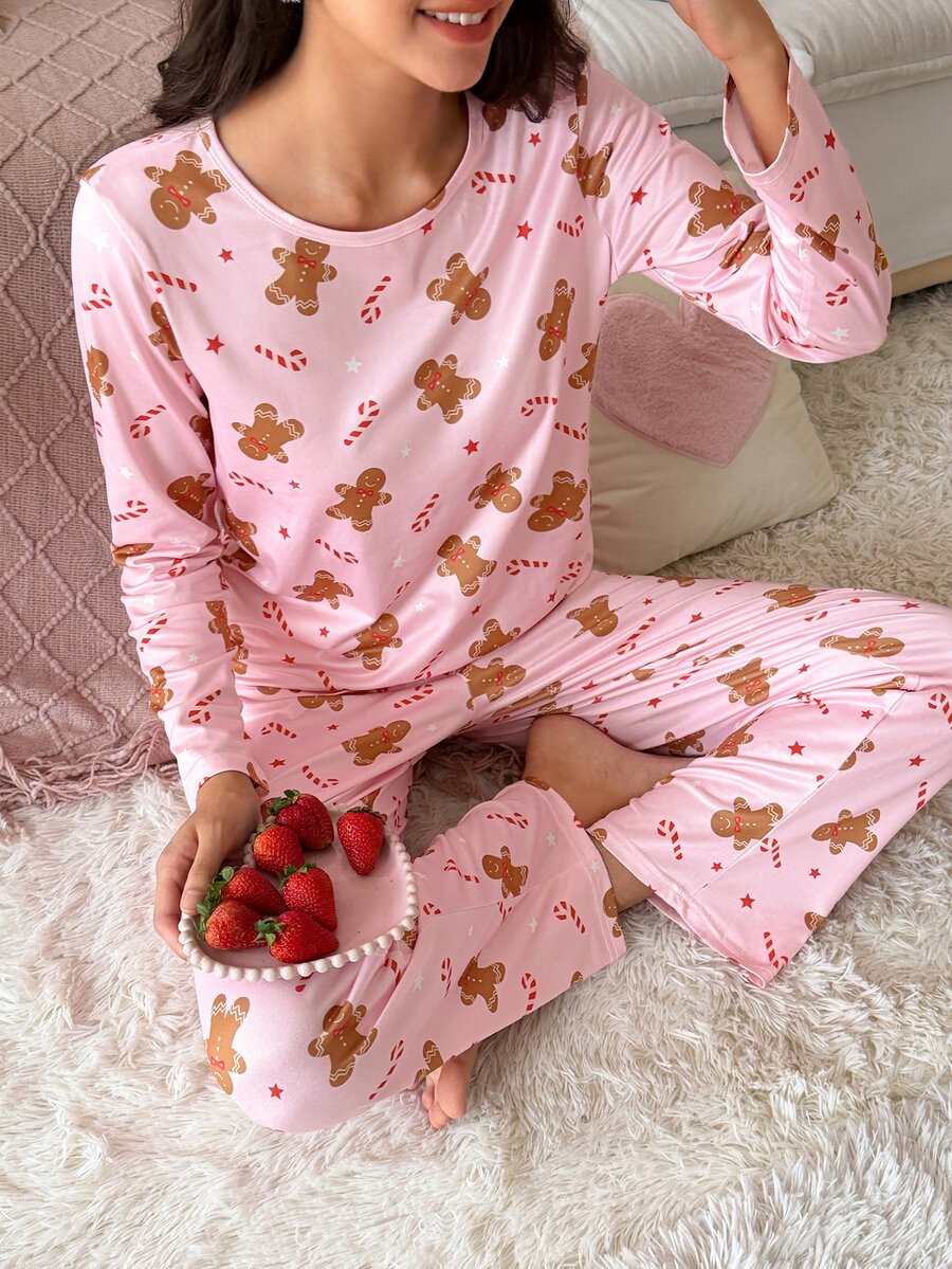 SweetSlumber Women's Christmas Gingerbread Man Candy Print Knit Crew Neck Long Sleeve Pants Pajama Set - Multicolor - View 1