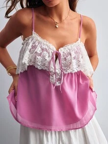 Willow Rêve Atasan Camisole Wanita Berwarna Pink dengan Motif Renda dan Patchwork - Berwarna merah muda - View 6