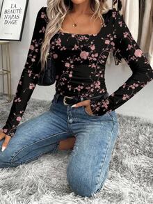 SHEIN LUNE Casual Minimalist Plus Size Square Neck Floral Print Daily Wear T-Shirt - Multicolor - View 5