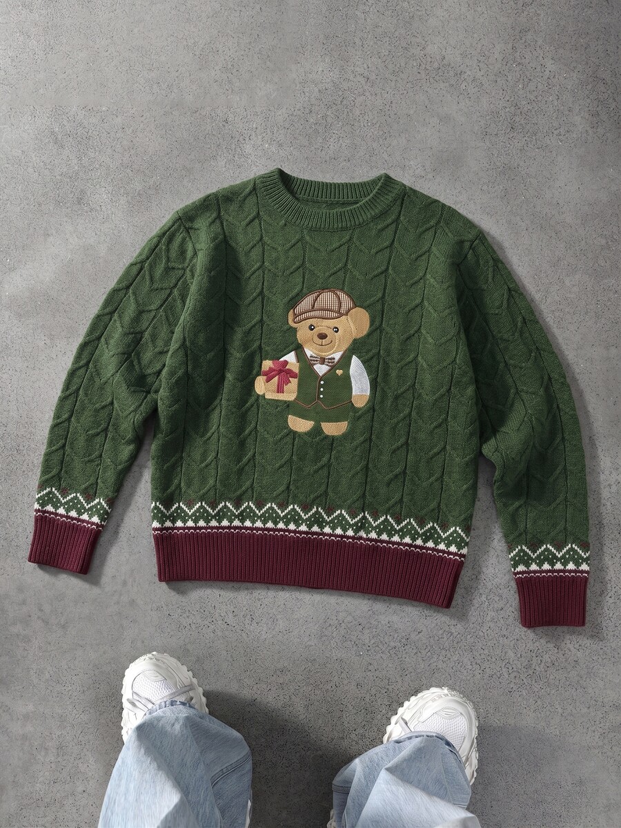 Manfinity Hypemode 男士圓領長袖套頭毛衣,休閒針織秋冬服飾,綠色聖誕風熊刺繡套頭毛衣情侶款 - 綠色 - 查看 1