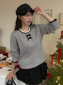 DAZY 女款秋冬拼色波點寬鬆毛衣 - 灰色 - 查看 4