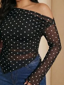 Modelyn 大尺碼女款波點印花不對稱下擺不對稱肩長袖T恤 - 黑與白 - 查看 4