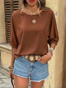 SHEIN LUNE Kemeja Wanita Lengan 3/4 Warna Cokelat dari Katun Murni - Coklat - View 7