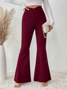 SHEIN LUNE 2025新款女式休閒通勤度假節日不對稱腰線顯瘦喇叭褲 素色 - 酒紅色 - 查看 7