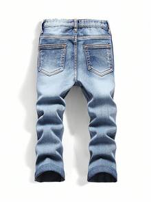 Young Boy Fall/Winter Street Kids Cool Distressed Ripped Blue Denim Skinny Flared Jeans, For Streetwear, Halloween - Blue - View 2