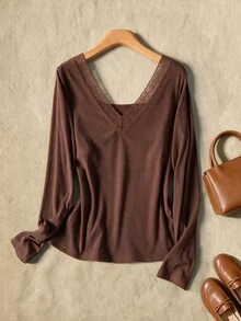 Rusticease Middle-Aged Women's Contrast Lace Long Sleeve T-Shirt With Padded Chest - Brown - View 2