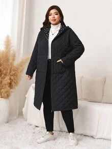 Easowa Curve Plus Size Women's Long Sleeve Zipper Front Pocket Hooded Winter Jacket - Black - View 3
