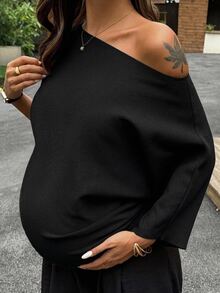 Dazy Maternity 寬鬆素色休閒短袖日常穿著初秋孕婦針織衫 - 黑色 - 查看 5