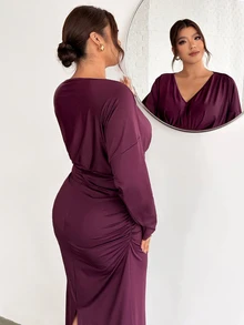 Firerie Plus Size Purple-Red Ruched Waist V-Neck Long Sleeve Dropped Shoulder Fishtail Maxi Dress For Party And Date - Red Violet - View 9