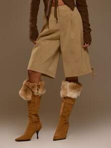 MUSERA Quần short jean jorts cạp thấp chi tiết buộc dây màu be, phong cách coolgirl cho nữ, mặc mùa thu đông - Màu Khaki - Xem 3