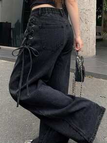 Dazy Plus Casual Washed Side Tie-Up Wide Leg Jeans For Girls, Long Pants, Spring/Autumn - Black - View 1