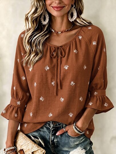 Breezaya Round Neck Long Sleeve Ruched Bow Snowflake Pattern Top