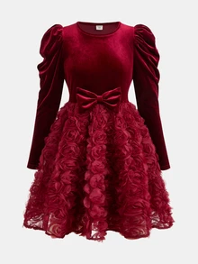 SHEIN فستان أميرة أنيق للبنات المراهقات لعيد الميلاد، أحمر مع زهور ثلاثية الأبعاد من الشبك بتصميم مرقع، لحفلات العطلات وهدية رأس السنة - الأحمر - مشاهدة 5
