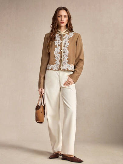 BizChic Women's Brown Boxy Stand Collar Lace Applique Blazer, Elegant Commute Vintage Minimalist New Chinese Style High-End French Artistic Special Occasion Church Wedding Guest Autumn Halloween Thanksgiving Slimming Fitted Elegant Versatile Power Dressing Padded Shoulder Professional Dating Party Birthday Back To School Christmas New Year Romantic Casual Gentle