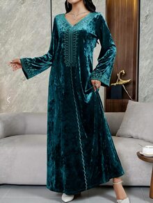 Al Najma 女款天鵝絨刺繡領阿拉伯式洋裝，秋季適用，Ninang 婚禮早晨晚宴洗禮賓客裝，珍珠飾面，端莊休閒優雅愛爾蘭風 - 綠色 - 查看 7