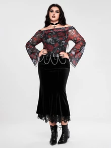 ROMWE Plus Size Women's Off-Shoulder Cold Shoulder Gothic Rose Skull Print Sexy Top - Red and Black - View 6
