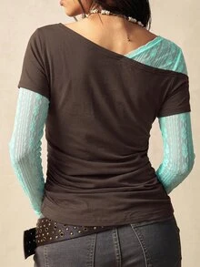 Bohemela Women's Slogan Print Contrast Lace Long Sleeve Fashion T-Shirt - Coffee Brown - View 9