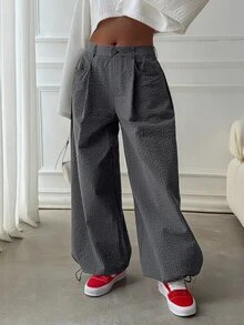 DAZY Plaid Loose Lantern Pants With Drawstring Hem, Casual Streetwear Daily Vacation Spring Autumn Women Long Pants - Grey - View 6