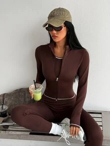 SHEIN Dewbera Women's Long Sleeve Zipper Front Jacket, Fitted Vest And Leggings Sports Set - Brown - View 1